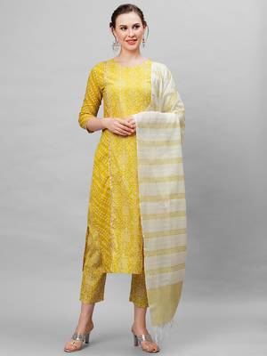 Indo Era Olive Bandhani Printed Straight Kurta Trouser With Dupatta Set 1