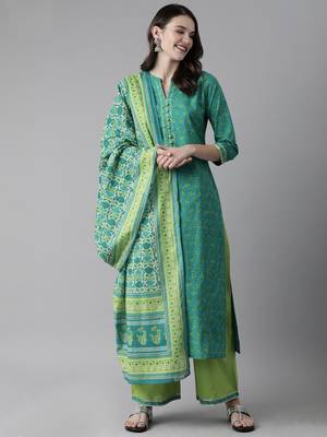 Indo Era Green Printed Straight Kurta Palazzo With Dupatta Set 1