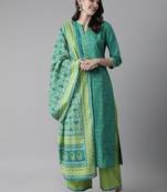 Indo Era Green Printed Straight Kurta Palazzo With Dupatta Set
