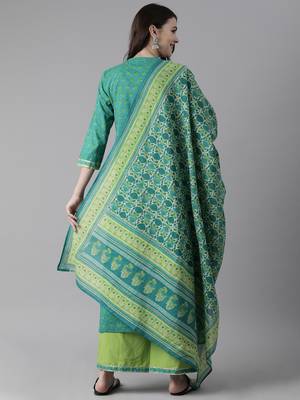 Indo Era Green Printed Straight Kurta Palazzo With Dupatta Set 2