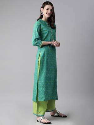 Indo Era Green Printed Straight Kurta Palazzo With Dupatta Set 3