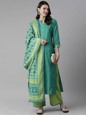 Indo Era Green Printed Straight Kurta Palazzo With Dupatta Set 4