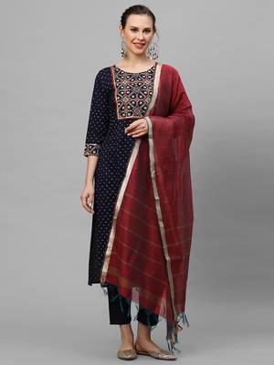 Indo Era Navy Blue Printed Straight KurtaTrouser With Dupattta Set 1