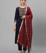 Indo Era Navy Blue Printed Straight KurtaTrouser With Dupattta Set