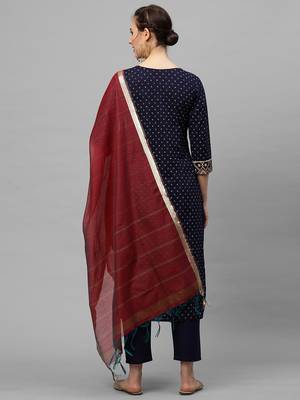Indo Era Navy Blue Printed Straight KurtaTrouser With Dupattta Set 2