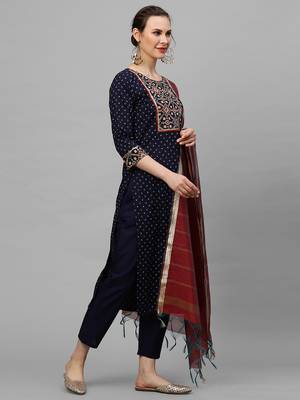 Indo Era Navy Blue Printed Straight KurtaTrouser With Dupattta Set 3