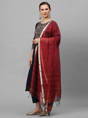 Indo Era Navy Blue Printed Straight KurtaTrouser With Dupattta Set 4
