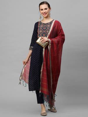 Indo Era Navy Blue Printed Straight KurtaTrouser With Dupattta Set 5
