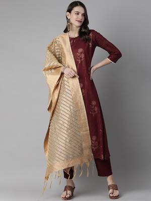 Indo Era Wine Foil Printed Straight Kurta Trouser With Dupatta Set 1