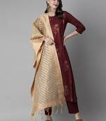 Indo Era Wine Foil Printed Straight Kurta Trouser With Dupatta Set