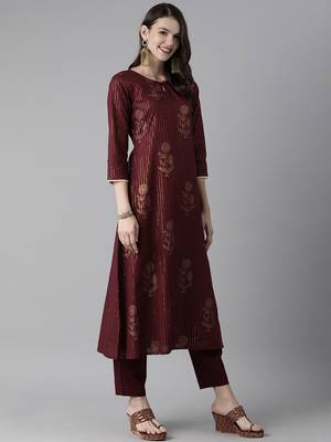 Indo Era Wine Foil Printed Straight Kurta Trouser With Dupatta Set 3