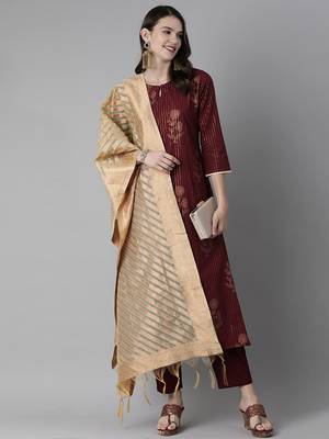Indo Era Wine Foil Printed Straight Kurta Trouser With Dupatta Set 4