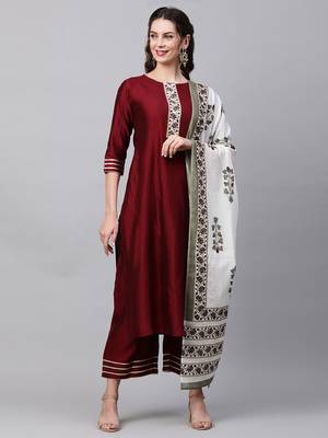 Indo Era Maroon Solid Straight Kurta Palazzo With Dupatta Set 1