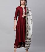 Indo Era Maroon Solid Straight Kurta Palazzo With Dupatta Set