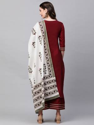 Indo Era Maroon Solid Straight Kurta Palazzo With Dupatta Set 2