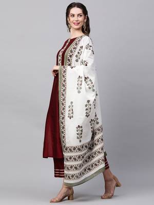Indo Era Maroon Solid Straight Kurta Palazzo With Dupatta Set 3