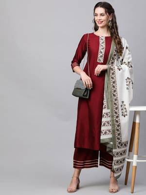 Indo Era Maroon Solid Straight Kurta Palazzo With Dupatta Set 4