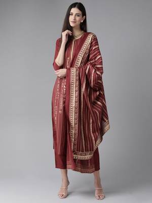 Indo Era Maroon Foil Printed Kurta Trouser With Dupatta Set 1