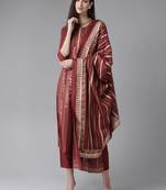 Indo Era Maroon Foil Printed Kurta Trouser With Dupatta Set