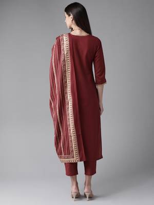 Indo Era Maroon Foil Printed Kurta Trouser With Dupatta Set 2