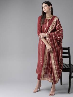 Indo Era Maroon Foil Printed Kurta Trouser With Dupatta Set 4