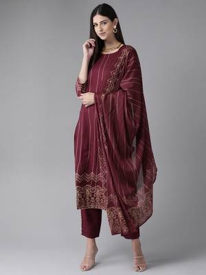 Indo Era Wine Foil Printed Kurta Trouser With Dupatta Set 1