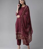 Indo Era Wine Foil Printed Kurta Trouser With Dupatta Set