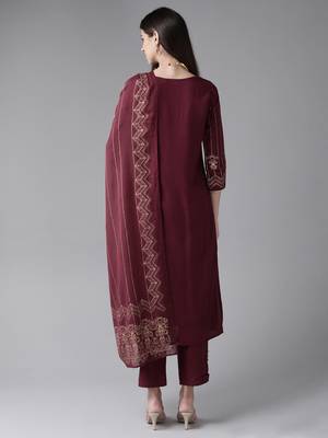 Indo Era Wine Foil Printed Kurta Trouser With Dupatta Set 2