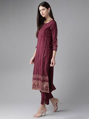 Indo Era Wine Foil Printed Kurta Trouser With Dupatta Set 3