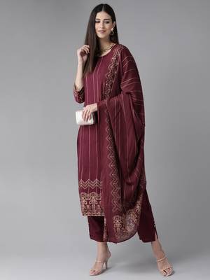 Indo Era Wine Foil Printed Kurta Trouser With Dupatta Set 4