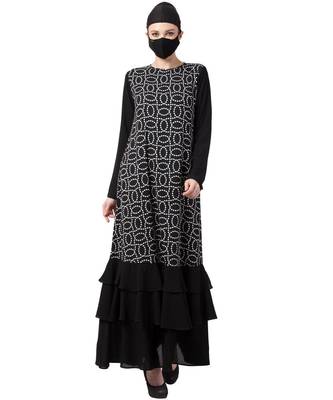 Modest Dress In Black & White With Frill Layers Abaya Dress 1
