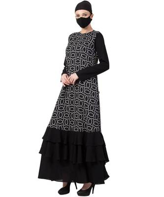 Modest Dress In Black & White With Frill Layers Abaya Dress 3