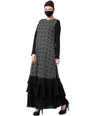 Modest Dress In Black & White With Frill Layers Abaya Dress 4