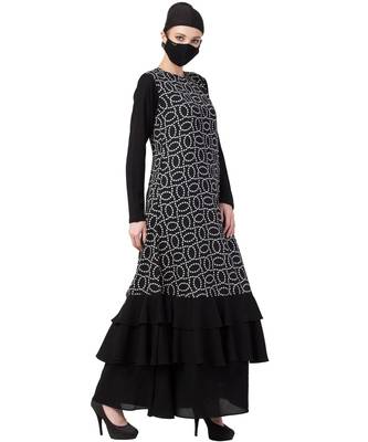 Modest Dress In Black & White With Frill Layers Abaya Dress 5