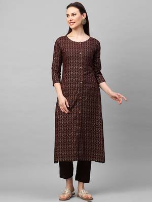 Indo Era Brown Foil Printed A-Line Kurta Trouser Set 1