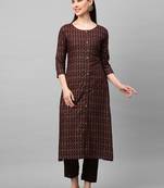Indo Era Brown Foil Printed A-Line Kurta Trouser Set