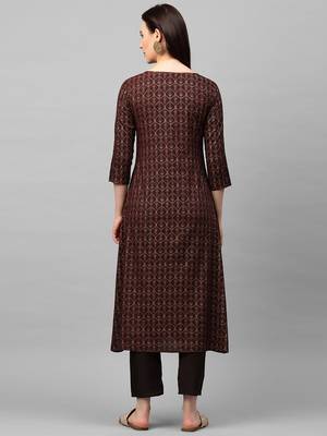 Indo Era Brown Foil Printed A-Line Kurta Trouser Set 2