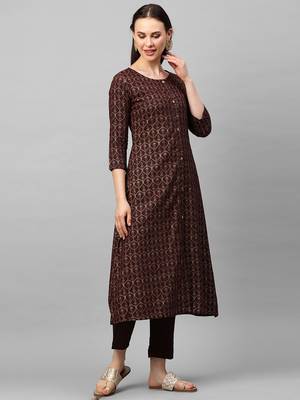Indo Era Brown Foil Printed A-Line Kurta Trouser Set 3