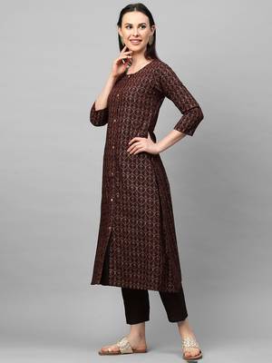 Indo Era Brown Foil Printed A-Line Kurta Trouser Set 4