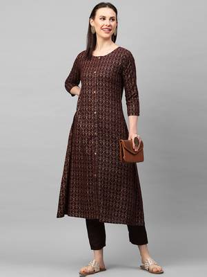 Indo Era Brown Foil Printed A-Line Kurta Trouser Set 5