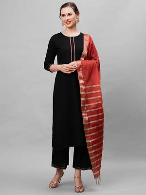 Indo Era Black Solid Straight Kurta Palazzo With Dupatta Set 1
