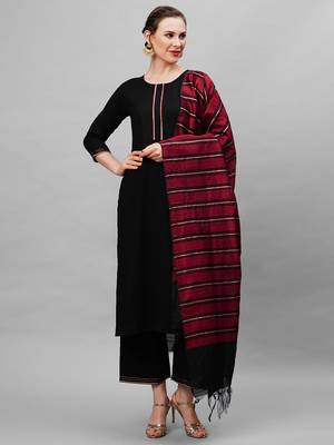 Indo Era Black Solid Straight Kurta Palazzo With Dupatta Set 1