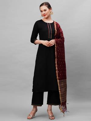 Indo Era Black Solid Straight Kurta Palazzo With Dupatta Set 1