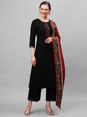 Indo Era Black Solid Straight Kurta Palazzo With Dupatta Set 1