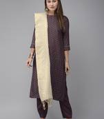 Indo Era Purple Embroidered Straight Kurta Trouser With Dupatta Set