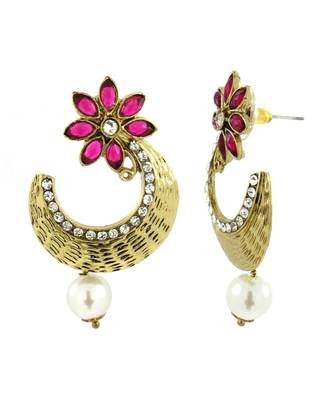 Flower Antique Gold Pink Pearl American Diamond Chaand Bali Earring 2