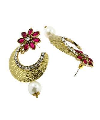 Flower Antique Gold Pink Pearl American Diamond Chaand Bali Earring 3