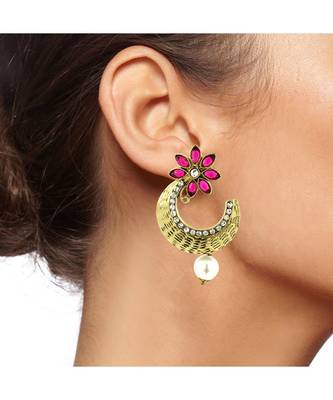 Flower Antique Gold Pink Pearl American Diamond Chaand Bali Earring 4