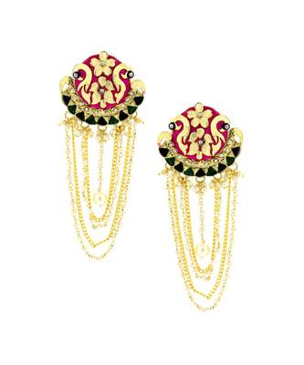 Long Statement Peacock Rani Pink Green Pearl Dangling Earring 1