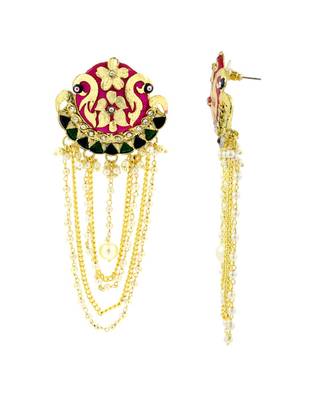 Long Statement Peacock Rani Pink Green Pearl Dangling Earring 2